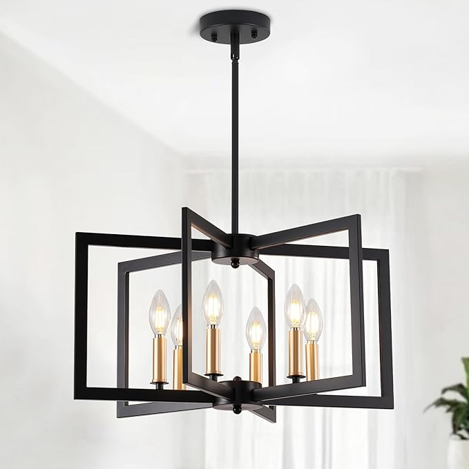 Black Chandelier, Dining Room Light Fixture Geometric Metal Modern Industrial Chandelier Lighting for Farmhouse Living Room Entryway Kitchen (E12 Bulbs Not Included, 6 Light, Black Gold)