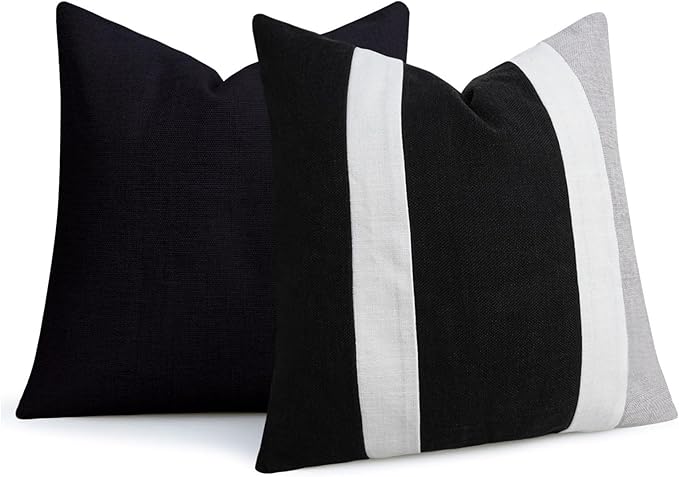 Adabana Modern Pillow Covers 18x18 Set of 2 Farmhouse Decor Patchwork Linen Cushion Covers for Living Room Couch Bed Black and White