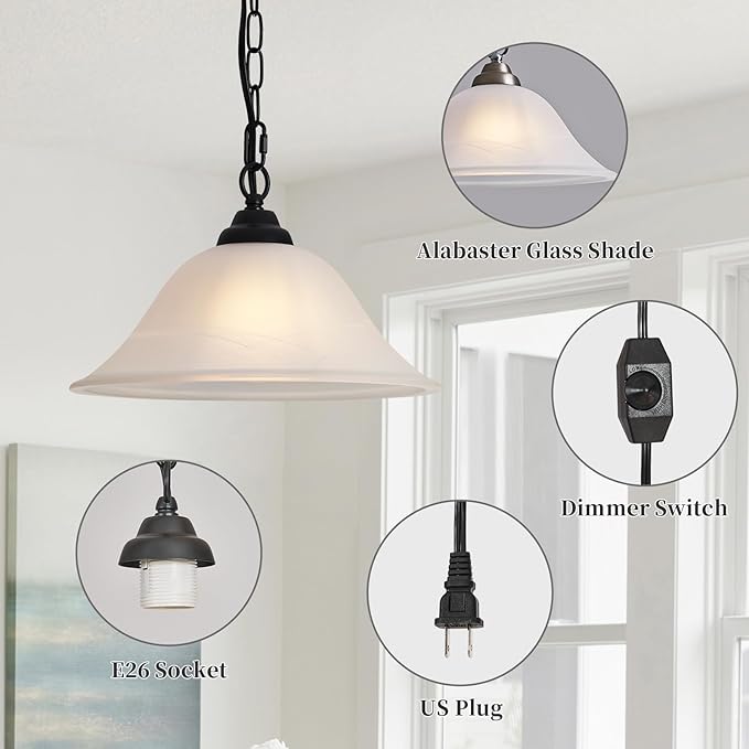 Vintage Plug in Pendant Light,Hanging Lights with Plug in Cord,16.4Ft Cord & 14.7Ft Chain Dimmable Black Hanging Light Fixture,Hanging Lamp with On/Off Switch for Kitchen,Bedroom,Living Room