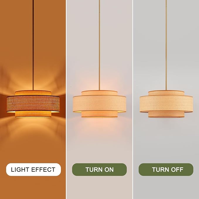 Farmhouse 19.7" Drum Rattan Chandelier 4-Lights Vintage Boho Rattan Chandelier Retro Vintage Bamboo Drum Chandeliers for Dining Room, Kitchen Island, Living Room, Bedroom