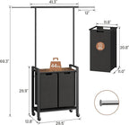 Laundry Sorter 2 Section Laundry Hamper Sorter with Clothes Hanging Rod and Wooden Storage Shelf 2 X 13gal Laundry Basket Organizer for Laundry Room Organization Storage Baskets, Black