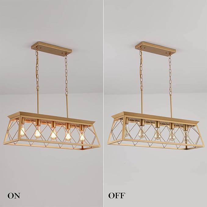 Q&S Modern Farmhouse Chandelier Light Fixtures,5-Lights Gold Linear Industrial Light Fixtures for Kitchen Island Bar Dining Table UL Listed