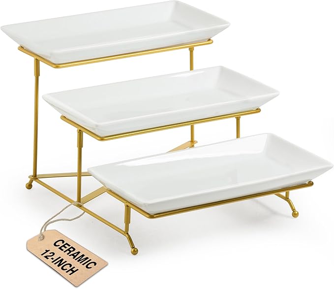 LAUCHUH 3 Tier Serving Stand Porcelain Serving Platter Tier Serving Trays with Collapsible Sturdier Rack, Serving Dishes and Platters for Thanksgiving, Christmas, Entertaining, Gold, 12 Inch