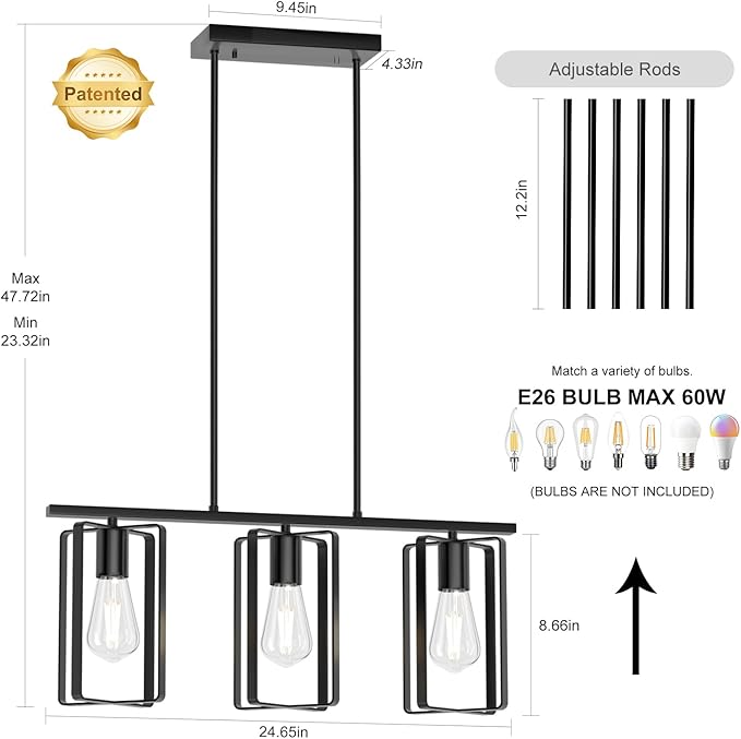 Farmhouse Kitchen Island Chandelier, 3-Light Adjustable Height Industrial Rustic Hanging Pendant Light Fixture with Flexible Shade, Linear Island Lighting for Dining Room Over Table Bar, Black