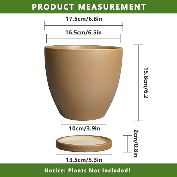 6.8 Inch Planter - Ceraimc Pots for Indoor Outdoor Plants Round Planters Modern Flower Pot with Drainage and Tray Home Garden Decor Brown