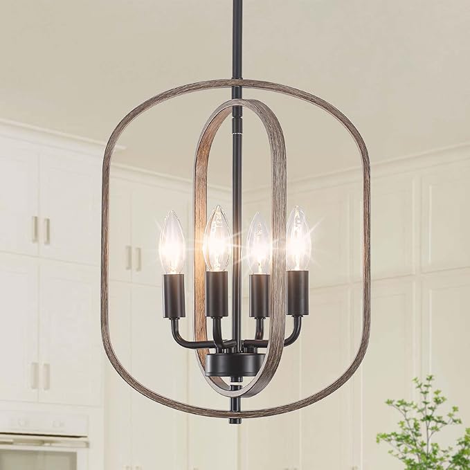 Modern Farmhouse Chandeliers for Dining Room Light Fixture 4 Light Adjustable Pendant Lights Kitchen Island Faux Wood Rustic Hanging Small Kitchen Chandelier for Entryway Living Room Foyer Hallway