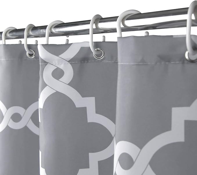WELTRXE Moroccan Fabric Shower Curtain with Hooks, Waterproof Polyester Geometric Pattern Bathroom Curtains, Machine Washable, 72 x 72 inches, Gray