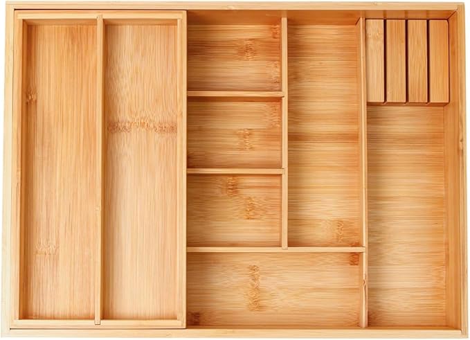 Double Layer Bamboo Kitchen Drawer Organizer Cutlery Utensil Silverware Drawer Organizer, Large Silverware Tray for Drawer Removable Utensil Holder Flatware Organizer Multi-use Storage Box