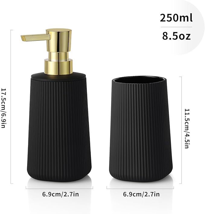 Black and Gold Striped Bathroom Accessories 2 Piece Set Soap Dispenser and Toothbrush Holder
