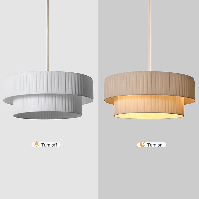LamQee 20” Modern Drum Chandelier, 2-Tier Semi-Flush Mount Pendant Light Fixtures, 3-Light Hang Ceiling Lamp Hallway Lights Fixture with White Fabric Lampshades