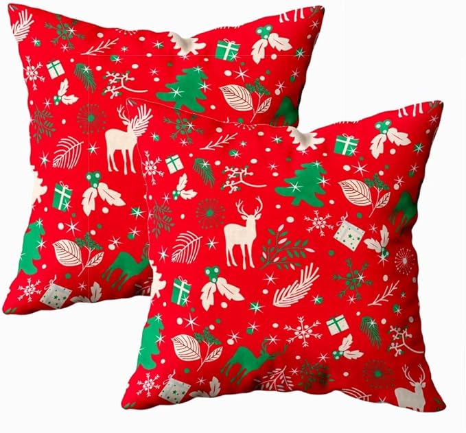 CAPSCEOLL 2PCS Red Pillow Cover 20X20Inch Green Christmas Reindeer Branch Cute Deer Floral Foliage Pine Tree Snowflake Standard Pillow Covers for Bedroom Sofa Living Room