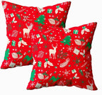 CAPSCEOLL 2PCS Red Standard Pillow Covers 16X16Inch Green Christmas Reindeer Branch Deer Floral Pine Tree Snowflake Soft Pillow Covers for Bedroom Sofa Living Room Decorative Throw Pillow Covers