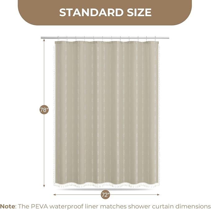 downluxe Linen Texture 3 in 1 Farmhouse Shower Curtain Set with Tassel, Boho Fabric Shower Curtains for Bathroom, Taupe, 72W x 78L