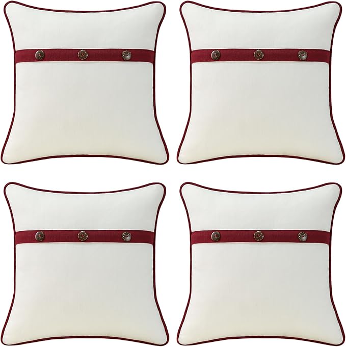 Outdoor Sunbrella Decorative Pillows with Triple Coconut Buttons Pack of 4, 18" x 18" Outdoor Pillow Set for Couch Bed Throw Patio Sofa, Spectrum Eggshell/Spectrum Ruby