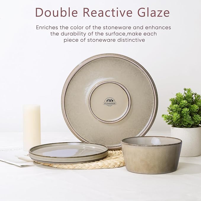 Herogo Dinnerware Sets with Pasta Bowls, 16 Piece Plates and Bowls Set for 4, Modern Stoneware Dinner Dishes for Kitchen Dinning, Dishwasher & Microwave Safe, Cream Khaki