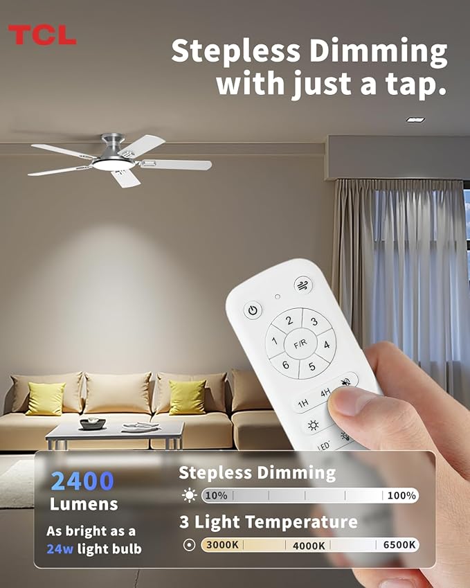 TCL 52" Low Profile Ceiling Fan with Light, Slim, Silver, Flush Mount, DC Reversible Motor, 6 Speeds, Remote Control, Noiseless, Dimmable, LED Light, 3CCT, Modern Ceiling Fan for Bedroom Living Room