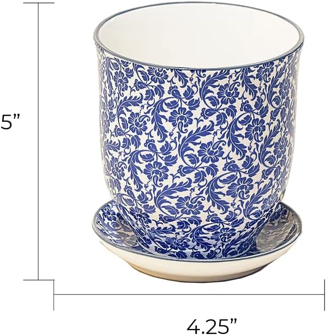 CHIVE ‘Liberte’ Ceramic Succulent Pots — 4.25” Cute Vintage Farmhouse Style Planters for Indoor Plants — Beautiful Home & Kitchen Decor — Blue Leaves