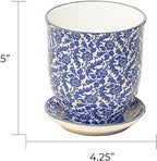 CHIVE ‘Liberte’ Ceramic Succulent Pots — 4.25” Cute Vintage Farmhouse Style Planters for Indoor Plants — Beautiful Home & Kitchen Decor — Blue Leaves
