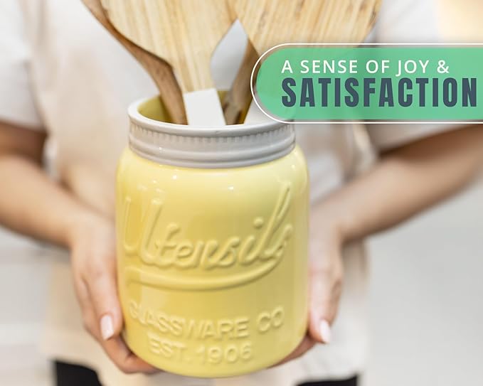 Comfify Wide Mouth Mason Jar Utensil Holder Decorative Kitchenware Organizer Crock, Dishwasher Safe - Kitchen Caddy Green, Large Size 7" High - Yellow