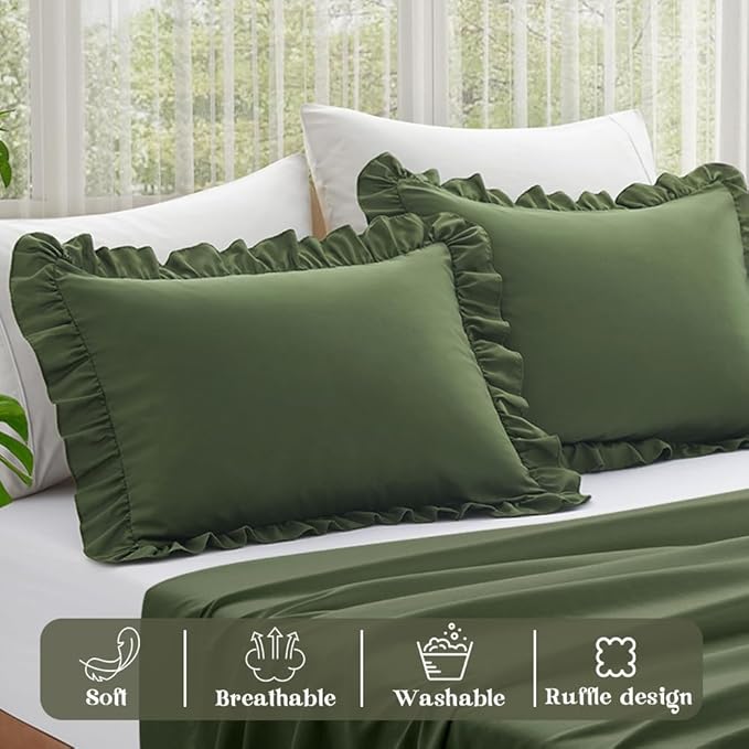 KKJIAF Ruffle Pillow Cases Queen Size Set of 2, Ruffled Pillow Covers with Envelope Closure, Wrinkle Resistant Pillowcases 20" x 30", Ruffled Pillow Shams, Olive Green