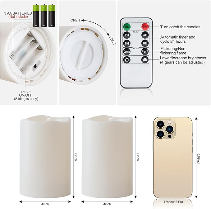 Amagic 2 Pack 6" x 4" Outdoor Plastic Electric flameless Candles with Remote Control and Timer, Battery Operated Flickering LED Pillar Fake Candle for Home, Wedding Decor, Ivory