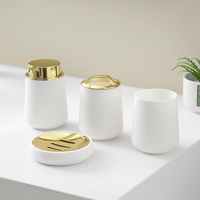 White and Gold Bathroom Accessories 4 Piece Set Luxury Matte Plastic Soap Dispenser Toothbrush Holder Cup Soap Dish for Modern Bathroom Deco