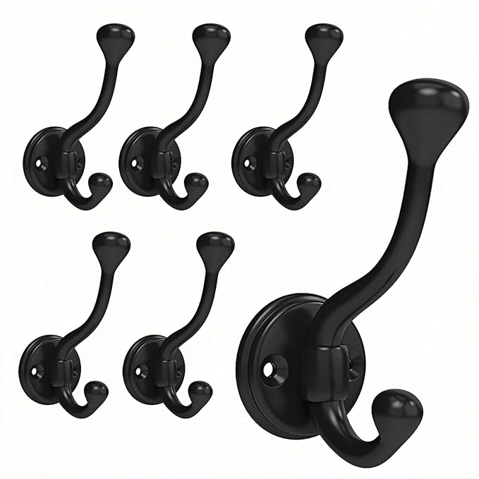 6 Pack Wall Hooks for Hanging, Heavy Duty Coat Hook Wall Mount, Easy to Install Metal Closet Hooks, Apply to Bathrooms, Bedrooms, Living Rooms, Entrances (Black)