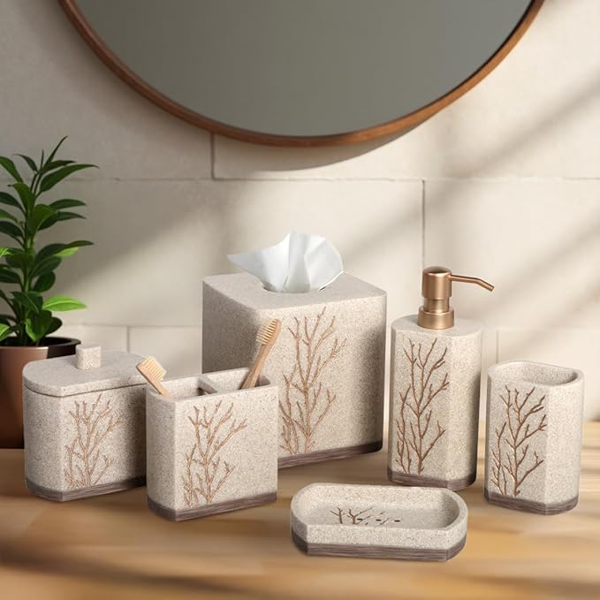 Decozen Bathroom Accessories Set – Soap Dispenser, Toothbrush Holder, Tumbler, Soap Dish, Cotton Swab Jar & Toilet Brush – Modern Bathroom Decor Set 6-Pcs (Kent)