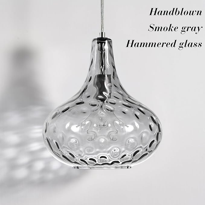 11" Smoked Hammered Glass Pendant Light – Blown Glass Ceiling Fixture with Brushed Nickel Finish, Modern Industrial Lighting for Kitchen Island, Dining Room, Hallway, Living Room