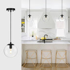XiNBEi Lighting 8 inch Globe Pendant Lighting Kitchen Island, Modern Industrial Black Pendant Light with Clear Glass Adjustable Hanging Light Fixture for Dining Room XB-P1259-MBK