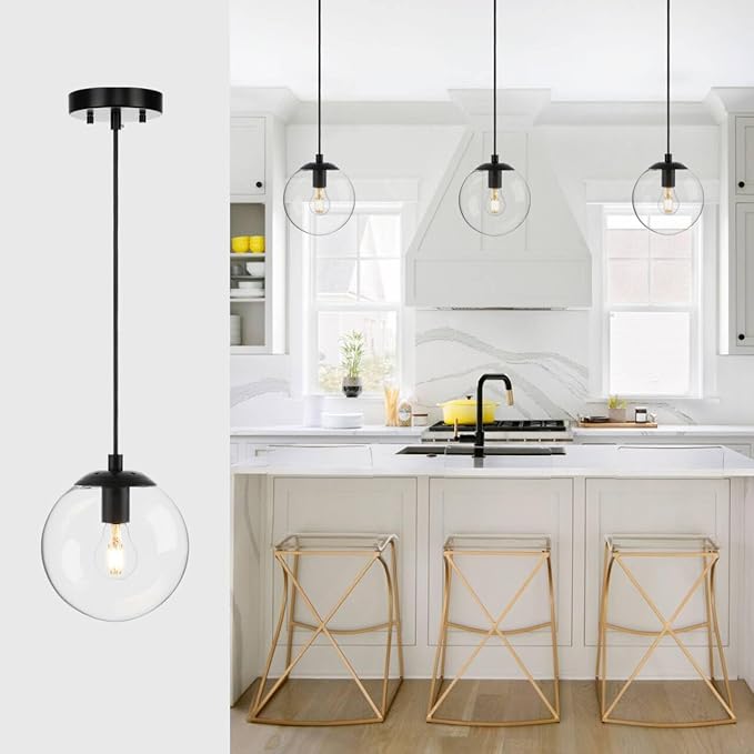 XiNBEi Lighting 8 inch Globe Pendant Lighting Kitchen Island, Modern Industrial Black Pendant Light with Clear Glass Adjustable Hanging Light Fixture for Dining Room XB-P1259-MBK