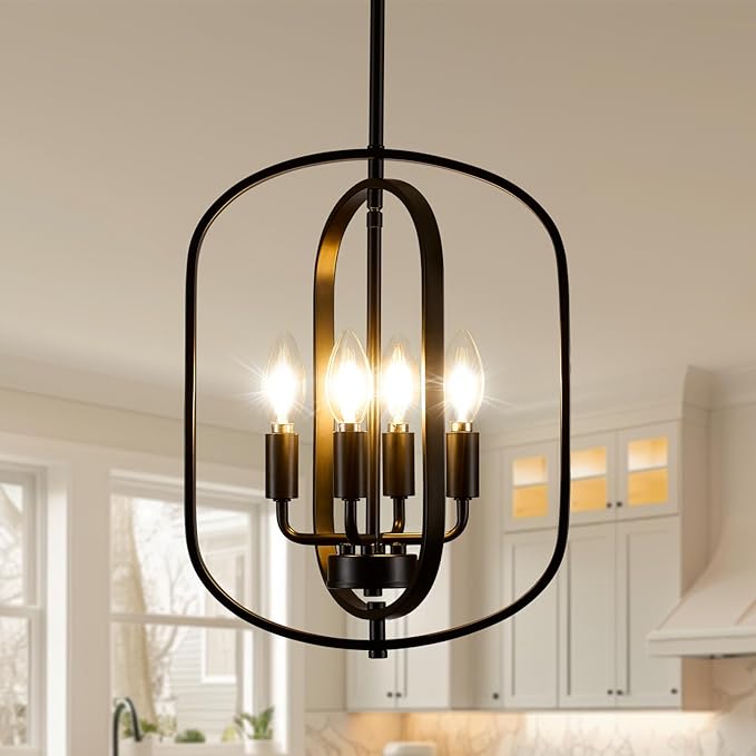 Black Chandelier Light, Modern Farmhouse Chandeliers for Dining Room Light Fixture Entryway Industrial Rustic Geometric Hanging Foyer Lighting Fixtures Kitchen Chandelier for Entryway Bedroom Hallway