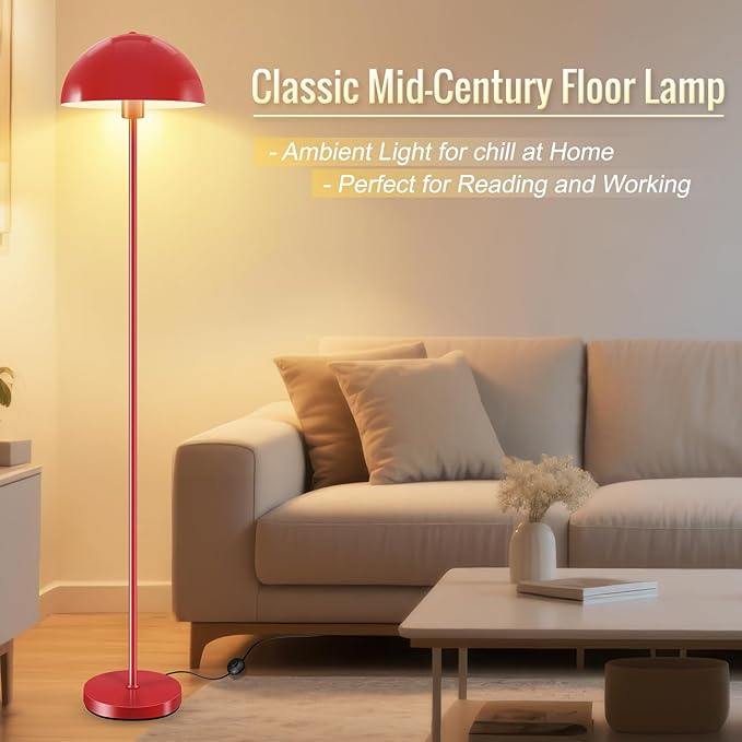 Floor Lamp Red, Industrial Tall Lamps for Living Room, 65.5" Standing Lamp, Metal Mushroom Lamp Shade, E26 Base, Footswitch, SGS Listed, Modern Pole Lamps for Nursery Bedroom, Mid Century Home Decor