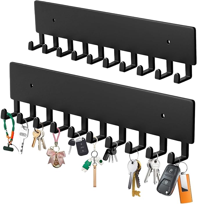Key Holder Wall Mount with 10 Hooks - Key Rack Organizer for Entryway, Kitchen & Office, Screw-in Mounting 2 Pack 14 Inch