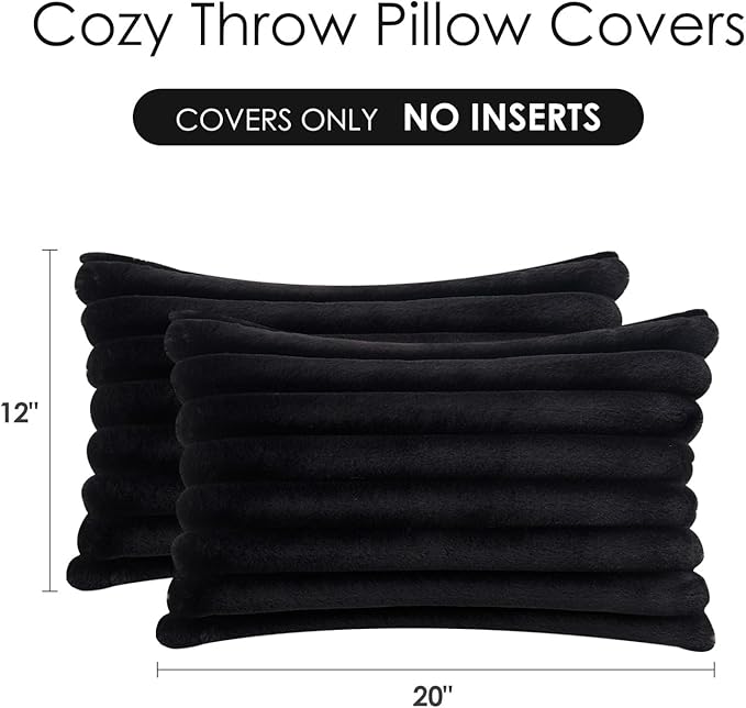 Throw Pillow Covers Decorative Faux Fur Set of 2 12x20 Inch Pillow Covers, Soft Black Lumbar Plush Striped Pillowcases for Couch Sofa Bed Living Room, Fluffy Cute Home Boho Accent Fuzzy Decor
