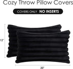 Throw Pillow Covers Decorative Faux Fur Set of 2 12x20 Inch Pillow Covers, Soft Black Lumbar Plush Striped Pillowcases for Couch Sofa Bed Living Room, Fluffy Cute Home Boho Accent Fuzzy Decor