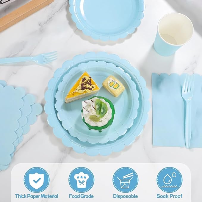 Sky Blue Disposable Dinnerware Set for 16 – 69 Pieces Party Plates, Napkins, Tablecloth & Forks – Elegant Flower Edge Design for Wedding, Picnic, Outdoor or Themed Events