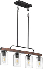 Farmhouse Dining Room Light Fixture, 4-Light Wood Kitchen Island Lighting, Industrial Chandeliers for Dining Room Over Table Black Pendant Light with Seeded Glass Shade for Bar Restaurant
