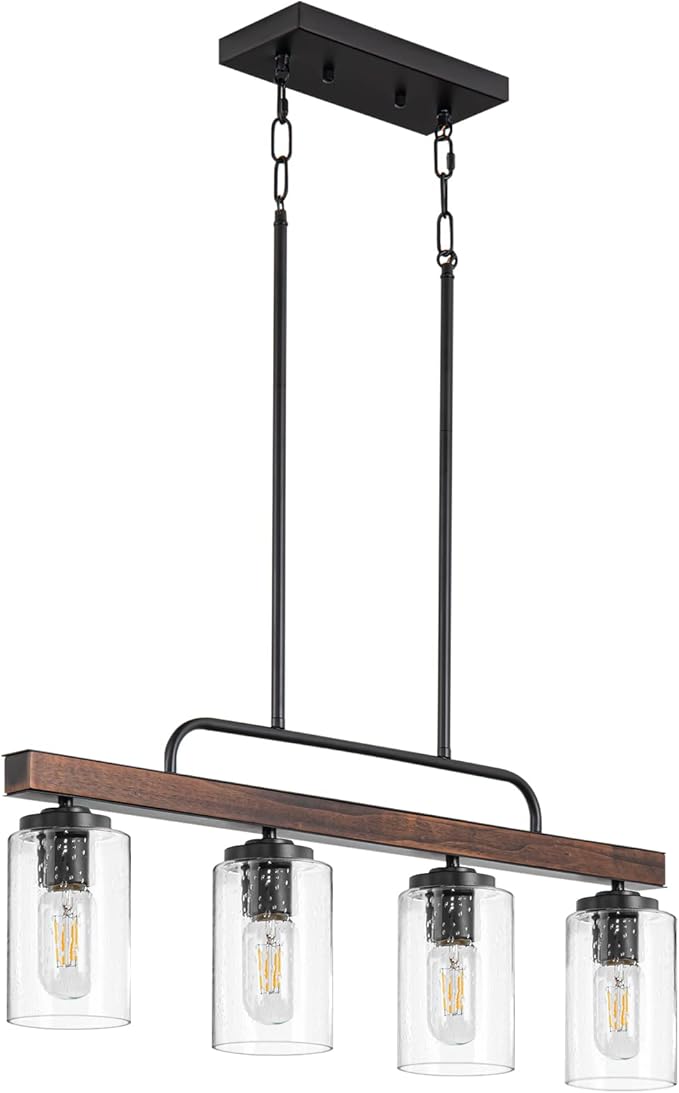 Farmhouse Dining Room Light Fixture, 4-Light Wood Kitchen Island Lighting, Industrial Chandeliers for Dining Room Over Table Black Pendant Light with Seeded Glass Shade for Bar Restaurant