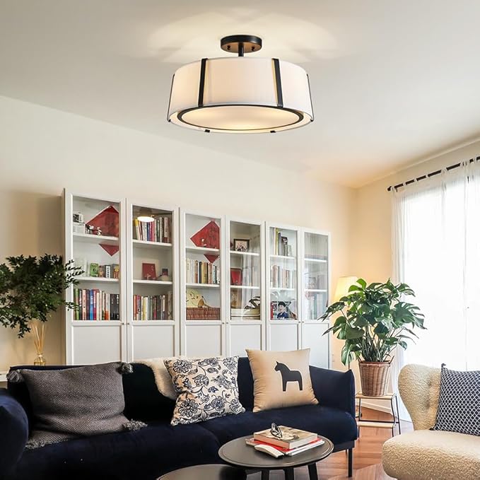 Shrine Lighting Drum Chandeliers, Modern Style, Perfect Ceiling Light Fixture for Living Space, D16'' x H9'', E12*3 Sockets, White Lampshade & Black Finish