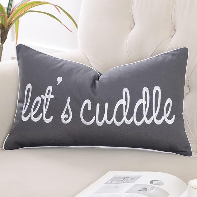 Sunkifover Dark Gray Decorative Lumbar Pillow Covers 12x20 Inches, Soft Solid Rectangular Pillowcase, Embroidered Rectangle Cushion Covers with Let's Cuddle Saying for Bed, Bedroom (Color Grey)