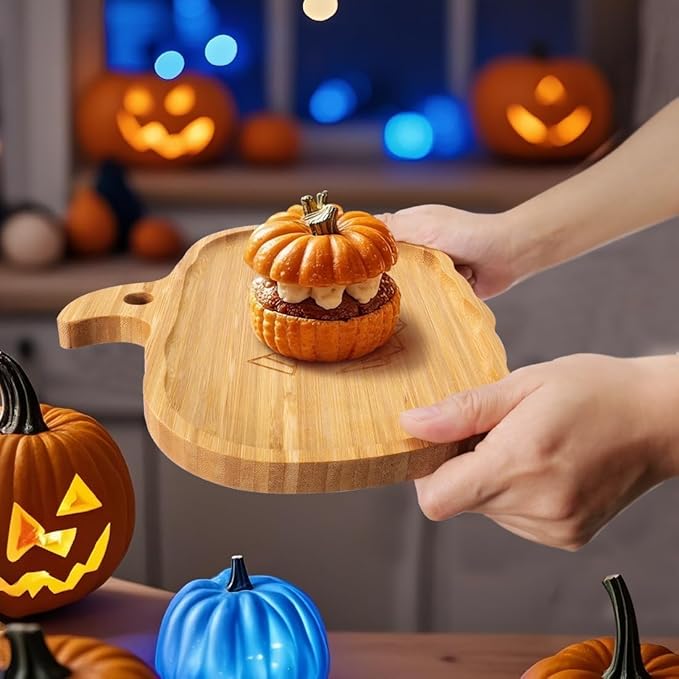 TJ POP Halloween Pumpkin Serving Platter - Spooky Pumpkin Charcuterie Board | 10” x 9” Bamboo Serving Tray | Natural Wood Appetizer Platter for Candy, Snacks, Desserts, Festive Decor & Food Display