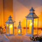 TRIROCKS Set of 3 Decorative Candle Lanterns18''&13"&10" H Hexagonal Candle Holder Vintage Metal Hanging Lantern with Tempered Glass for Garden Patio Wedding Event Indoors Outdoors(White)