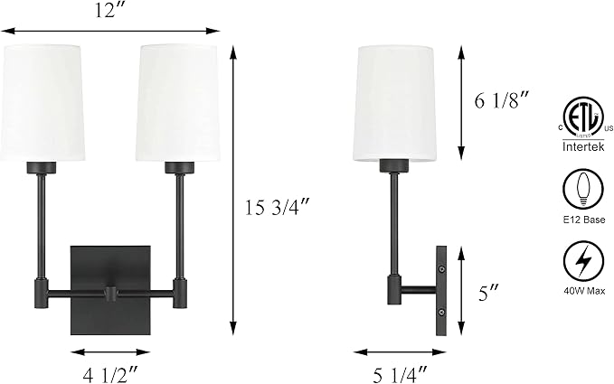 XiNBEi Lighting Wall Lamp, 2 Light Black Bedroom Wall Light with Fabric Shade for Bedside & Living Room XB-W1215-2-MB