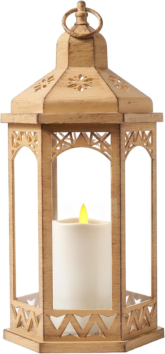 LED Hexagon Lantern with Flameless LED Candle, Unique Shape and Pattern to Give an Upscale Garden Party Vibe. Suitable for Home & Outdoor Usage or Wedding.Battery Powered (Beige)