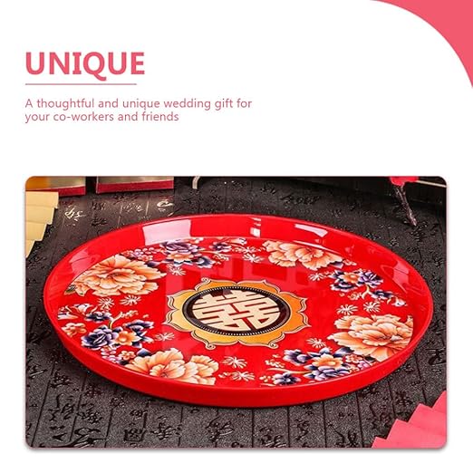 Cabilock Serving Platter Chinese Food Tray Red Wedding Serving Tray Fruit Plate Fruit Snack Storage Holder for Home Kitchen and Wedding Snack Round 13X2. 9inch Chinese Candy Boxes