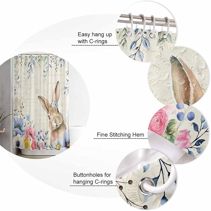 Vandarllin Spring Easter Shower Curtain, Floral Bunny Shower Curtains Set with Hooks, Flower Leaves Rabbit Waterproof Fabric Bathroom Curtains Decor Home Accessories,66 X 72 Inch Long