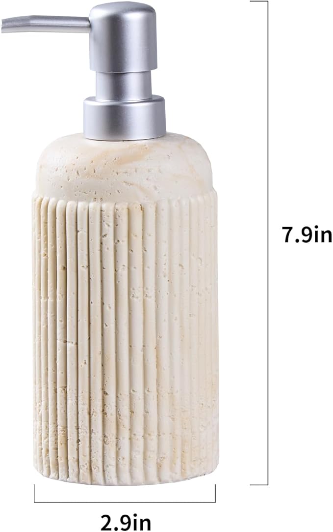 2Pcs Beige Natural Travertine Textures Hand Soap Dispenser Set, Small Bathroom Countertop Resin Liquid Soap Dispensers, Kitchen Dish Wash Soap Dispensers,Refillable Dispenser with Vertical Stripe