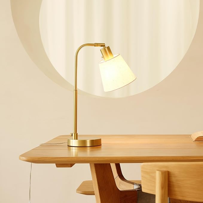 GLOBE Electric 61000057 16" Desk Lamp, Matte Brass Finish, White Shade, Adjustable Pivot Joint, Rotary Switch on Socket, Modern Lighting for Bedroom or Office, Indoor Lights, E26 Base