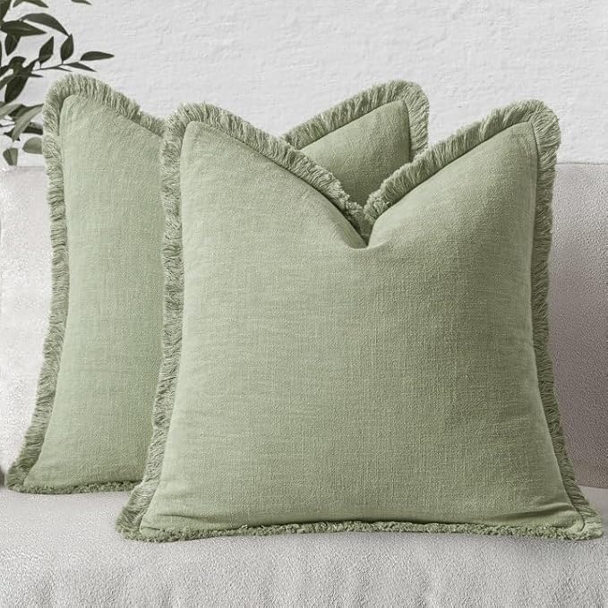 MIULEE Decorative Throw Pillow Covers Neutral Linen Fringe Throw Pillows Set of 2 Sage Green Boho Farmhouse Cushion Covers with Tassels for Couch Sofa Bed Living Room Spring Home Decor 18x18 Inch